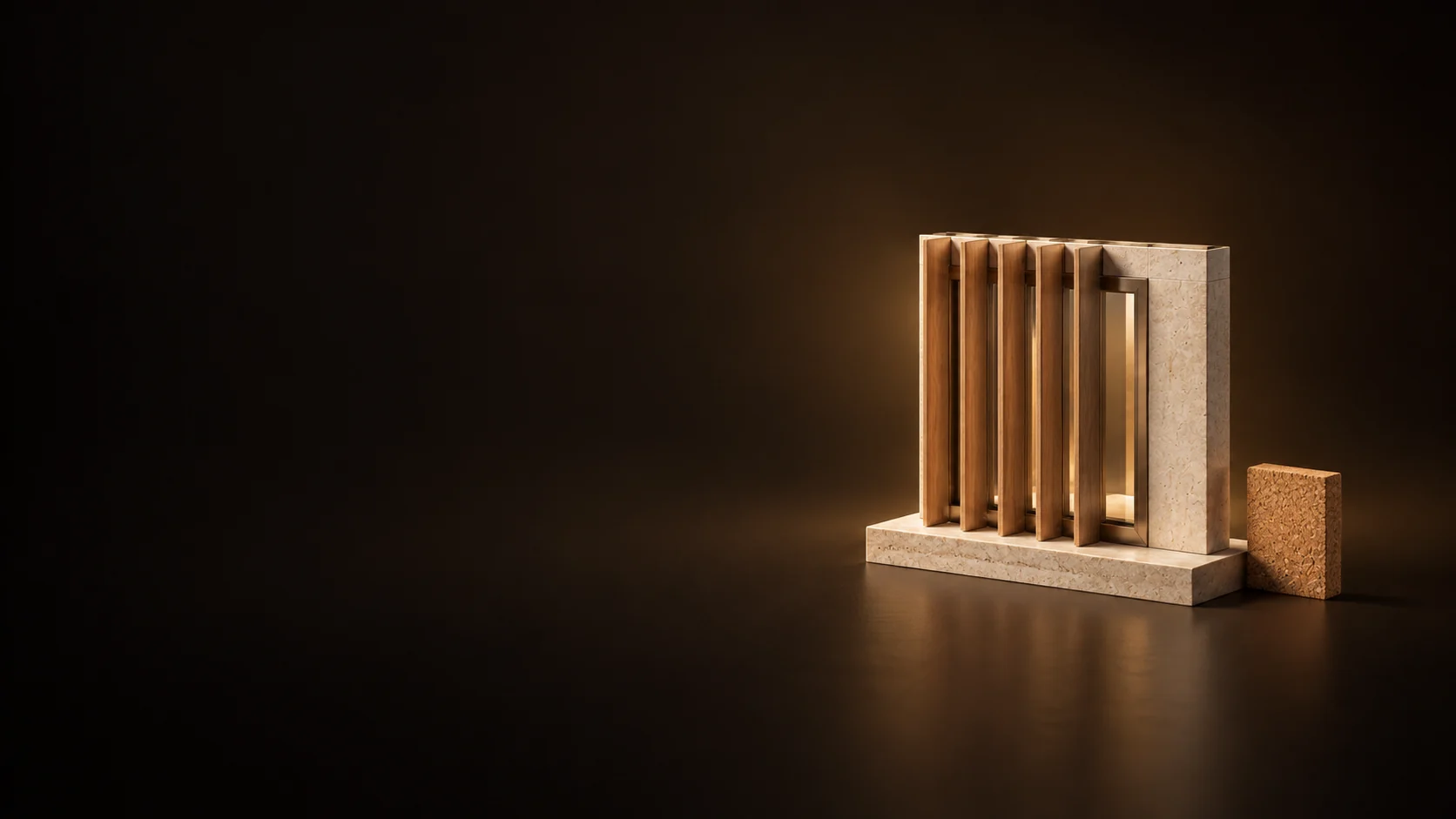 Small facade model with timber shading fins and layered wall materials.