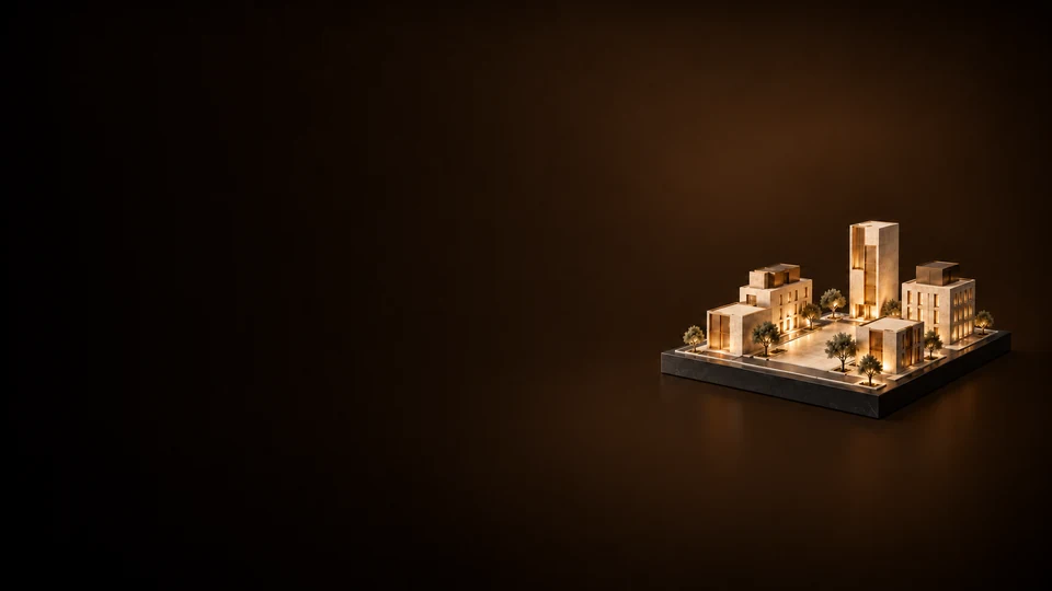 Compact neighborhood massing model with street bands and a small public square.