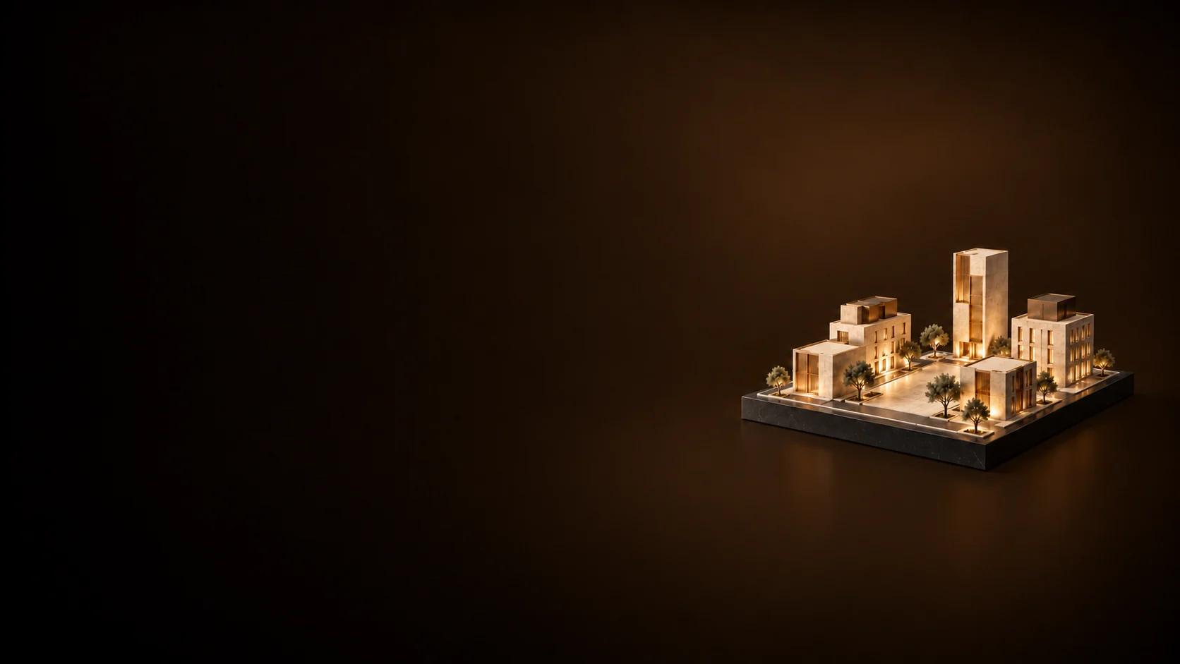 Compact neighborhood massing model with street bands and a small public square.