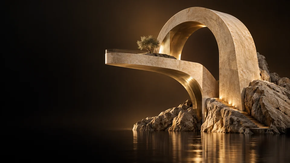 A sweeping stone arch and curved terrace on a rocky base.