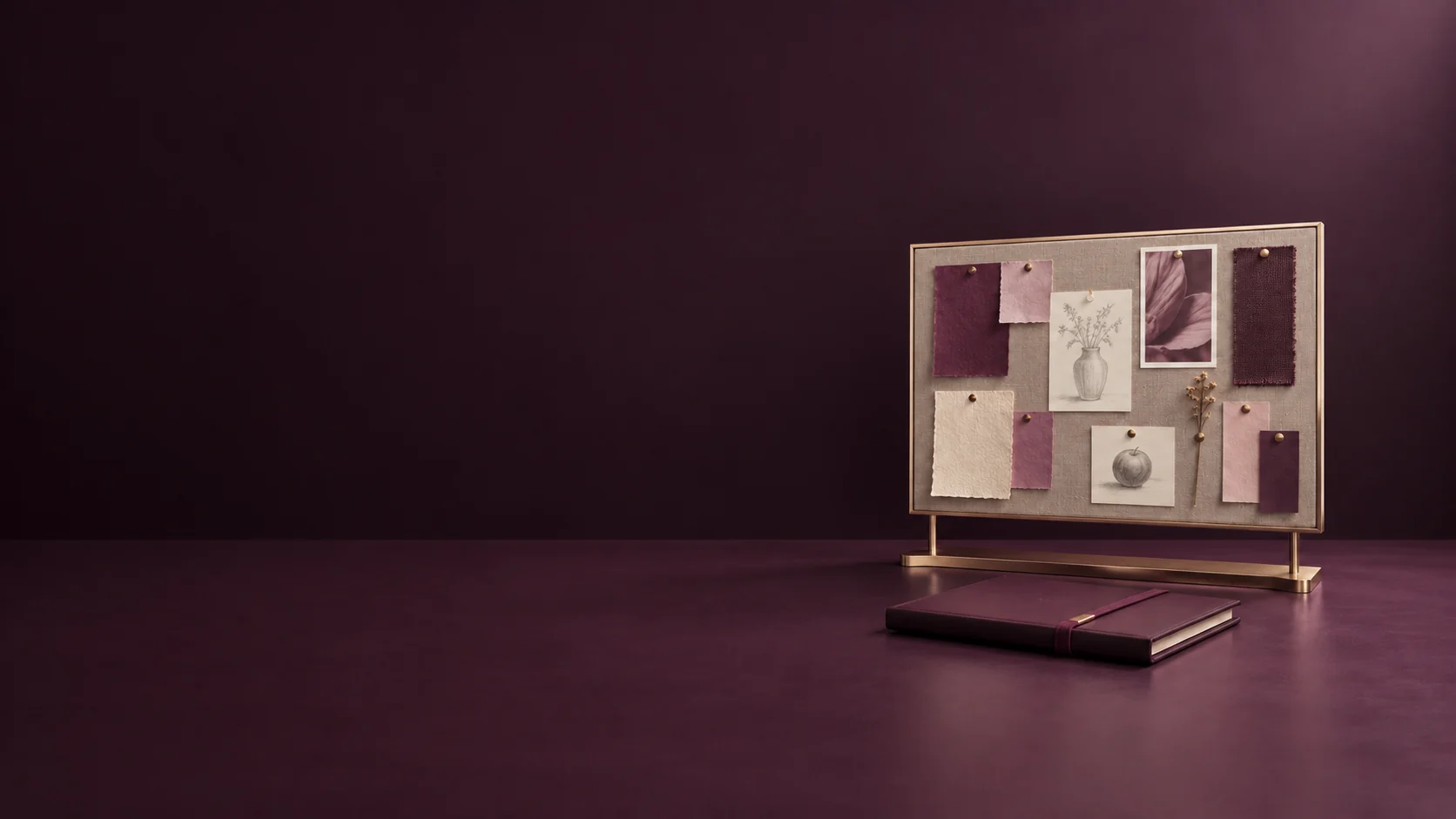 A studio pinboard with paper samples and pencil studies above a closed plum folio.