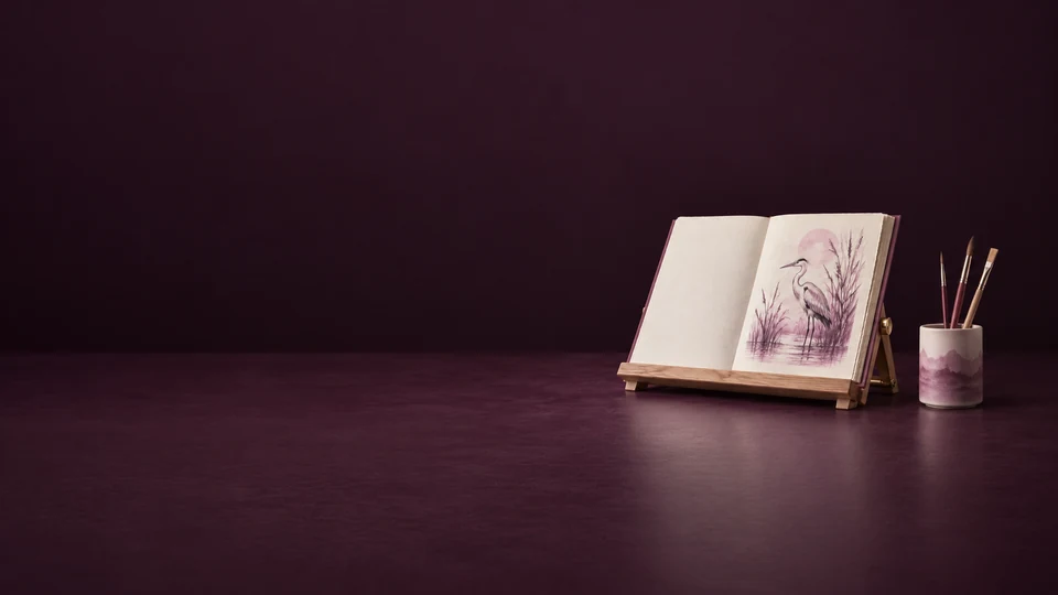 An open sketchbook with a heron illustration on a wooden stand beside a cup of brushes.