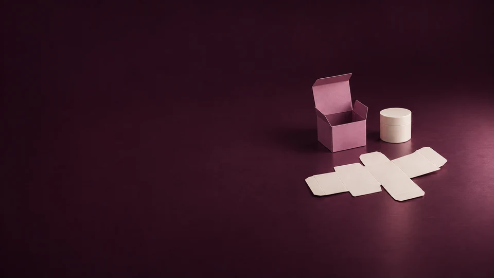 An open rose carton, ivory cylindrical container and unfolded carton blank.
