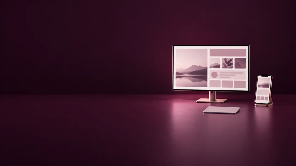 A desktop monitor and phone show unlabelled rose website layouts beside a trackpad.