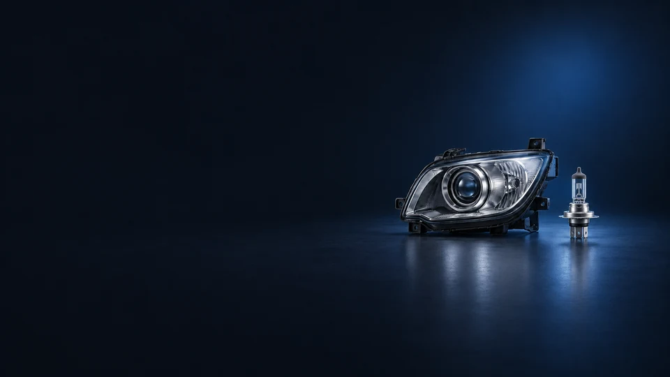 An unlit automotive headlamp housing with a circular projector lens beside a separate bulb.