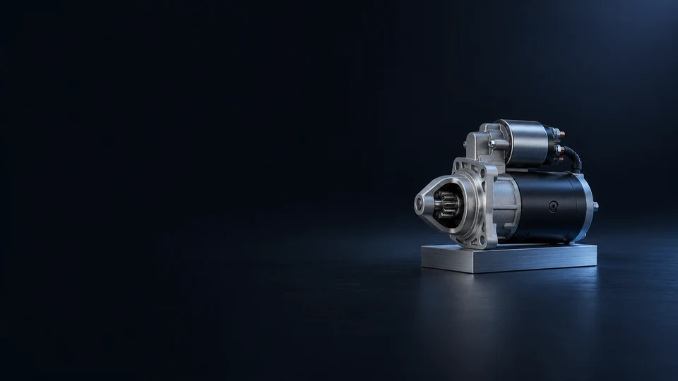 A starter motor with solenoid and exposed pinion gear on a brushed-metal base.
