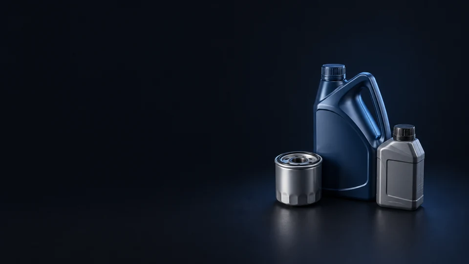 Sealed blue and grey fluid bottles beside a clean silver spin-on filter on a dark surface.