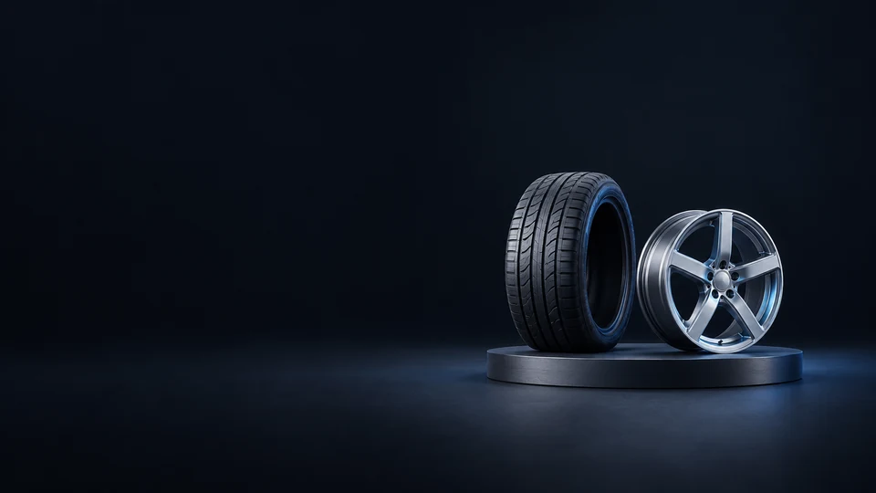 An upright black tire and a separate five-spoke aluminum wheel rim on a low dark oval platform.