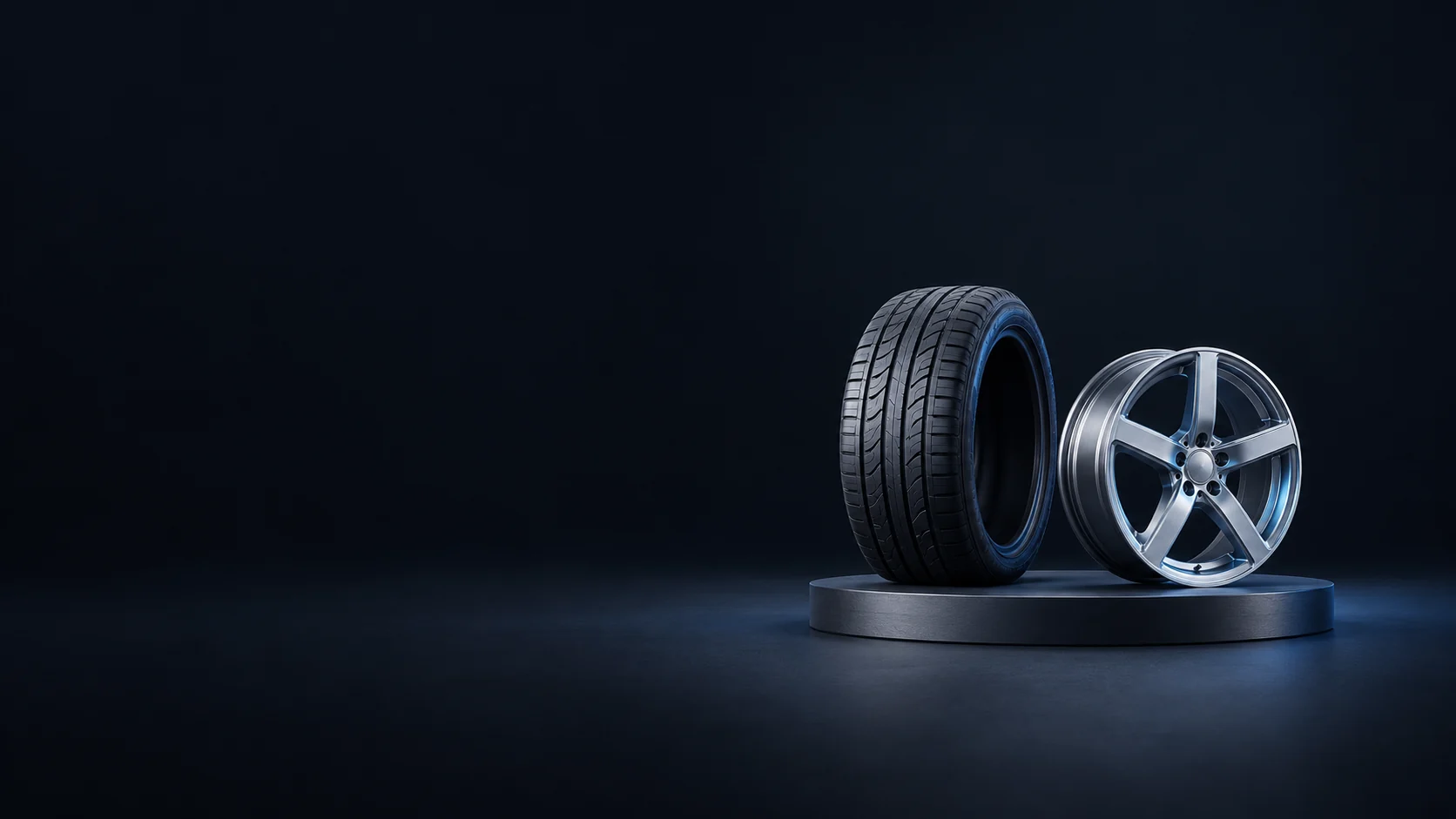 An upright black tire and a separate five-spoke aluminum wheel rim on a low dark oval platform.
