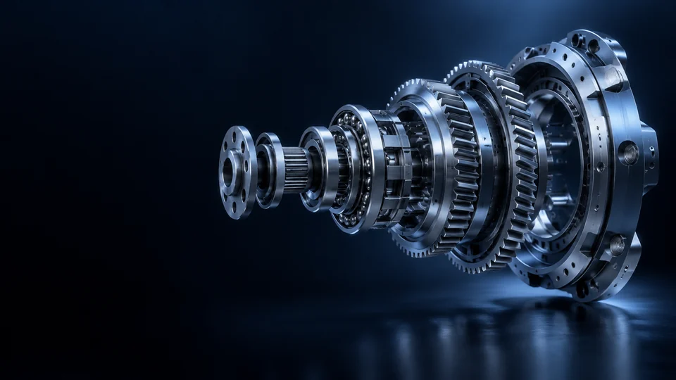 Exploded metal gears, bearings and rings in a blue-lit assembly.