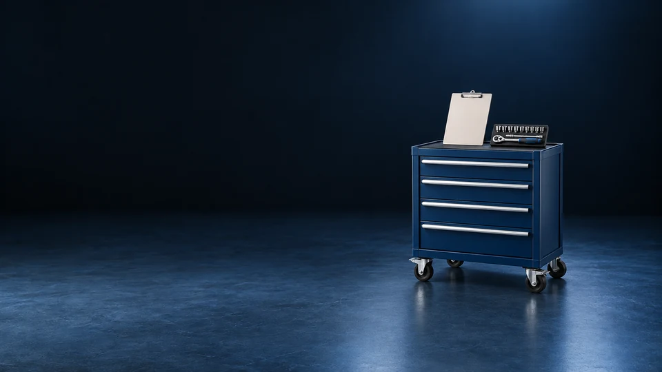A compact navy rolling tool cabinet with a blank clipboard and socket tray.