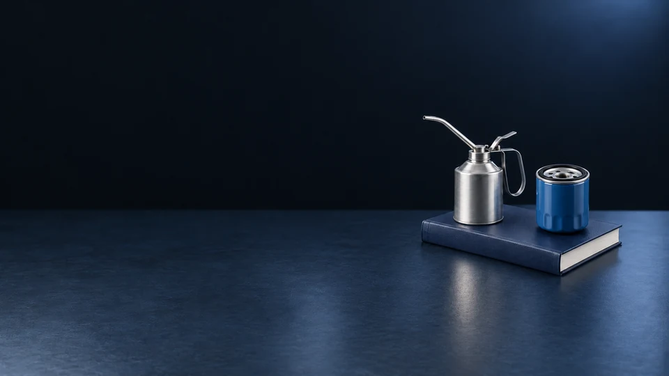 A brushed-metal oil can and blue filter on a closed navy service manual.