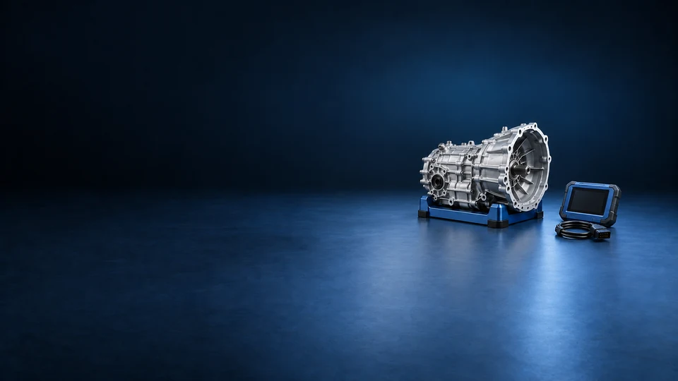 A complete silver gearbox housing on a blue cradle beside a blank diagnostic unit and coiled lead.
