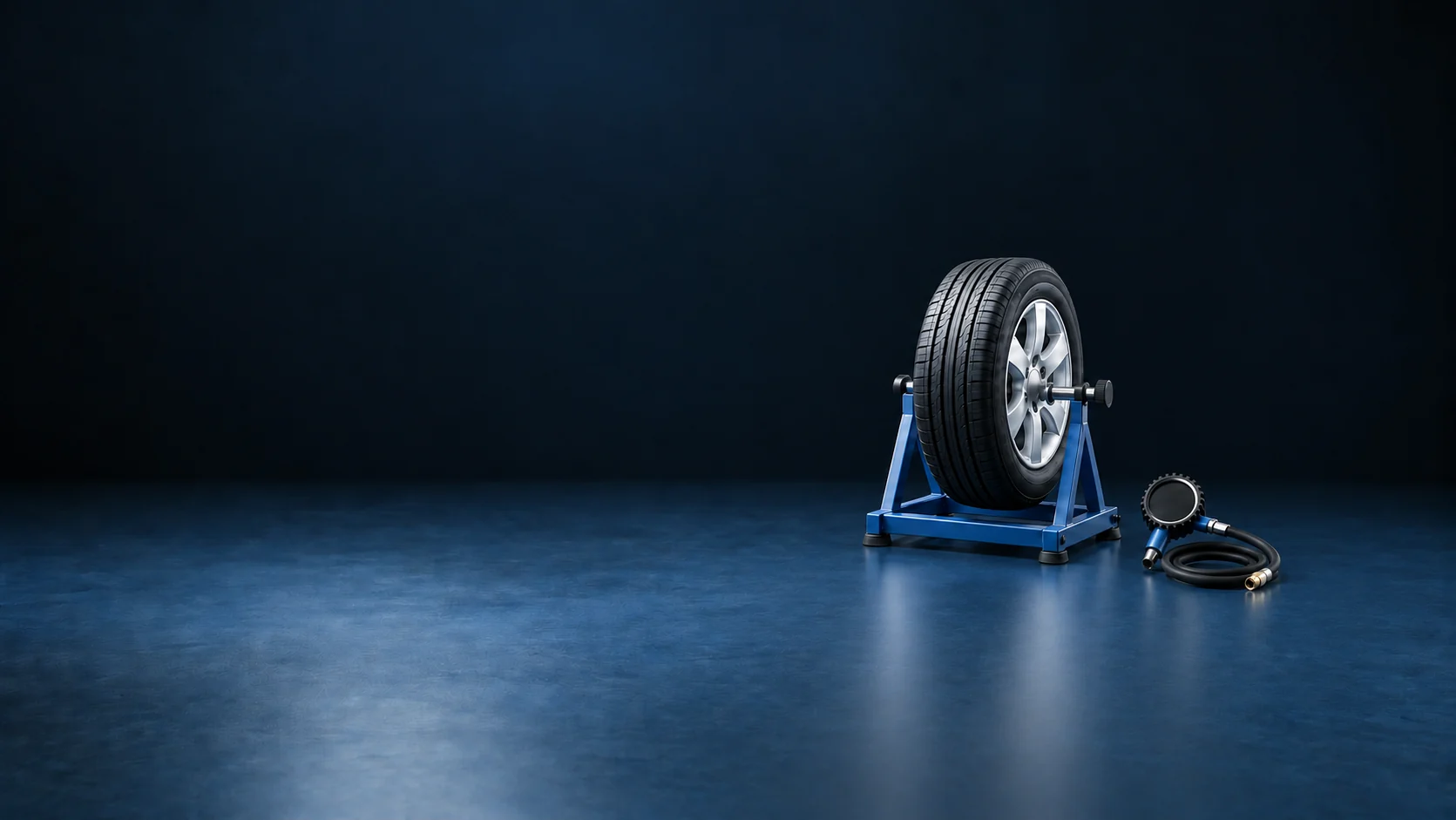 An unbranded tire and silver wheel on a complete blue balancing stand beside a blank pressure gauge and coiled hose.