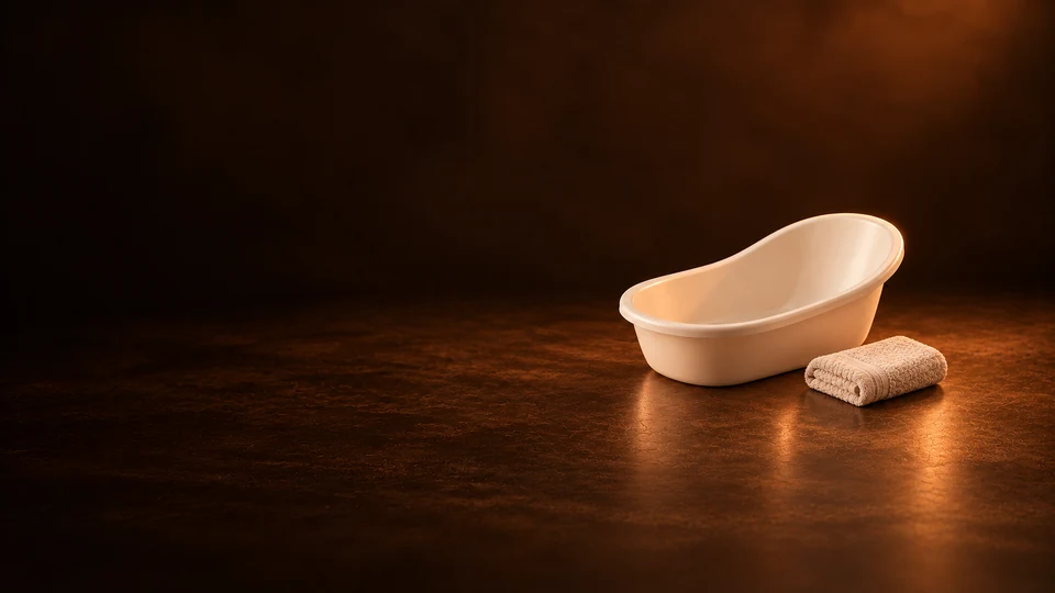 An empty ivory infant bathtub beside a folded oatmeal washcloth.