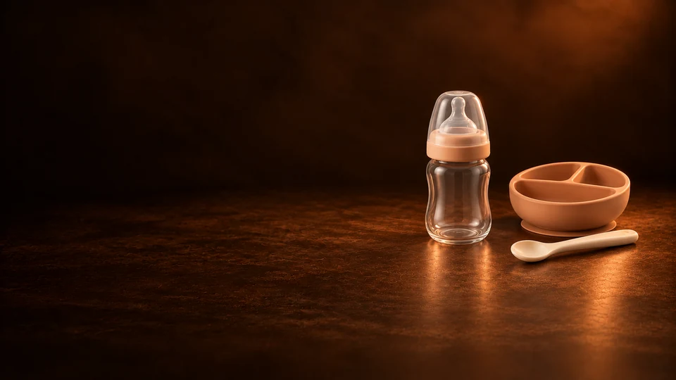 An empty clear baby bottle beside a terracotta divided bowl and a small spoon.