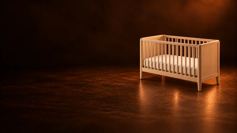 A pale oak crib with a bare flat fitted mattress on a dark brown floor.
