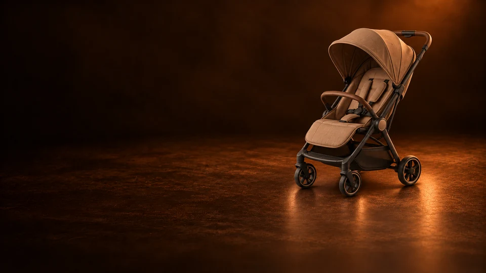A complete empty caramel stroller with visible wheels, canopy and handle.