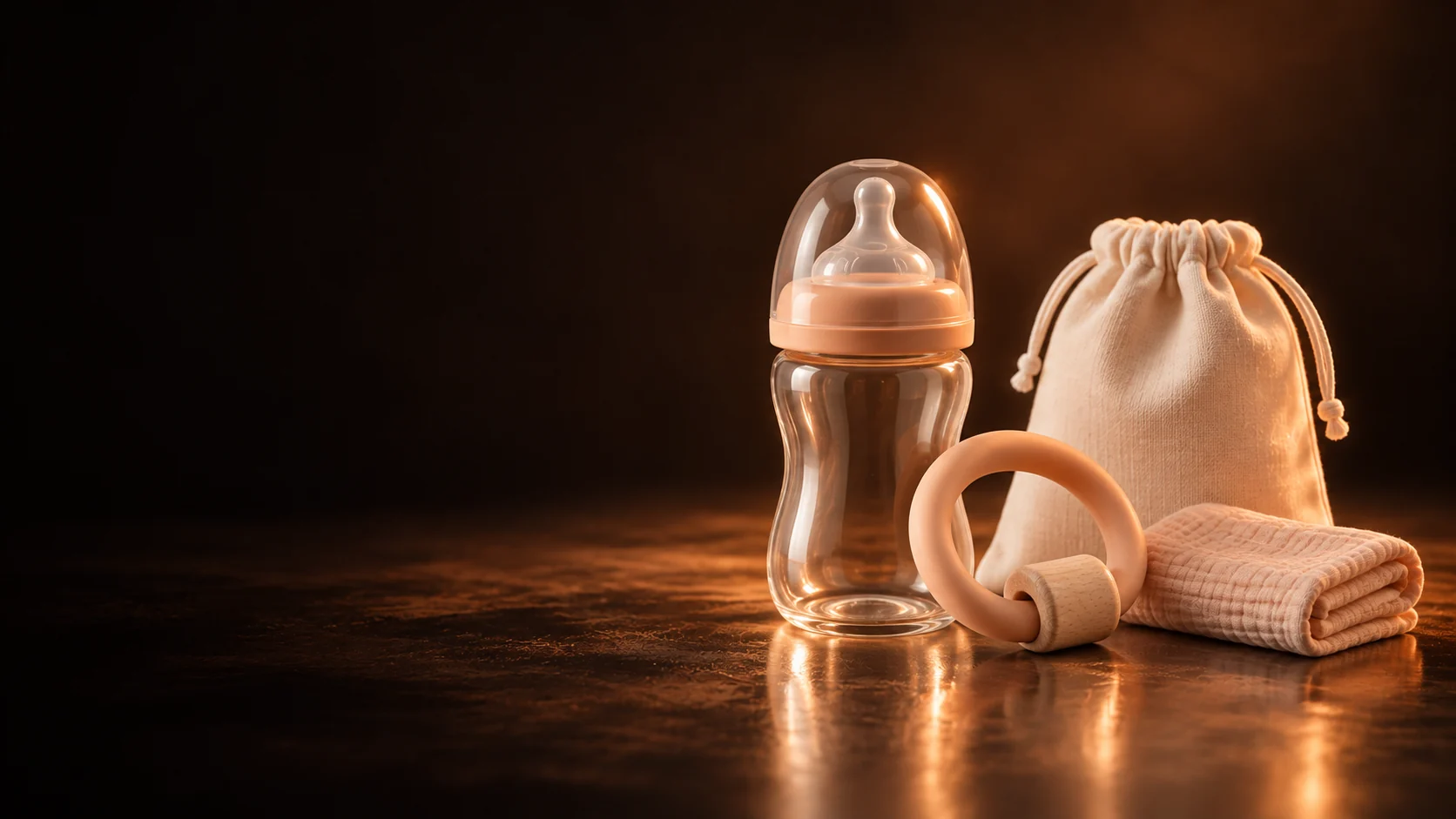 Glass feeding bottle, peach silicone ring and folded muslin beside an ivory care pouch.