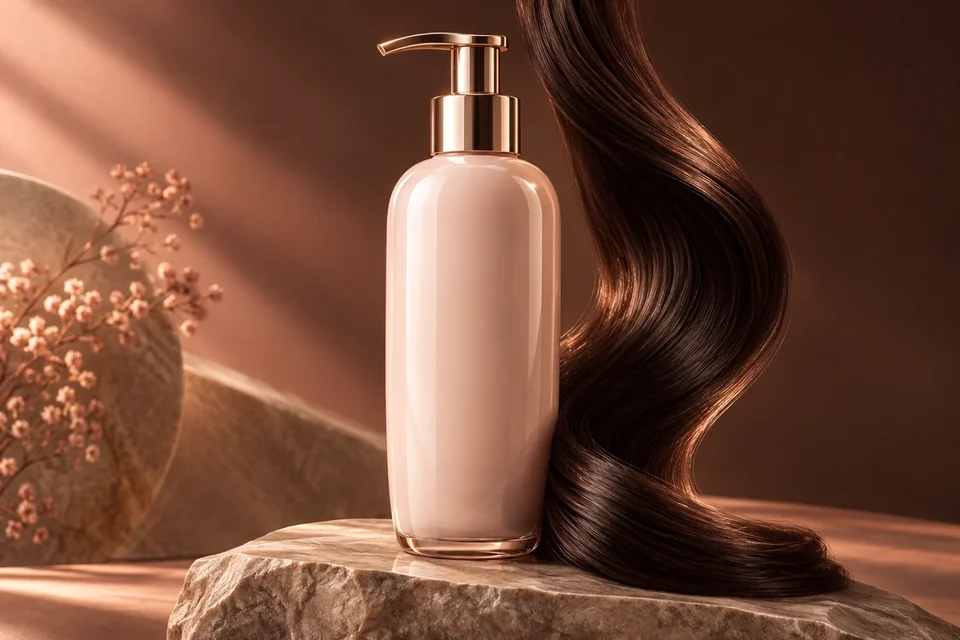 Haircare bottle and flowing hair strand