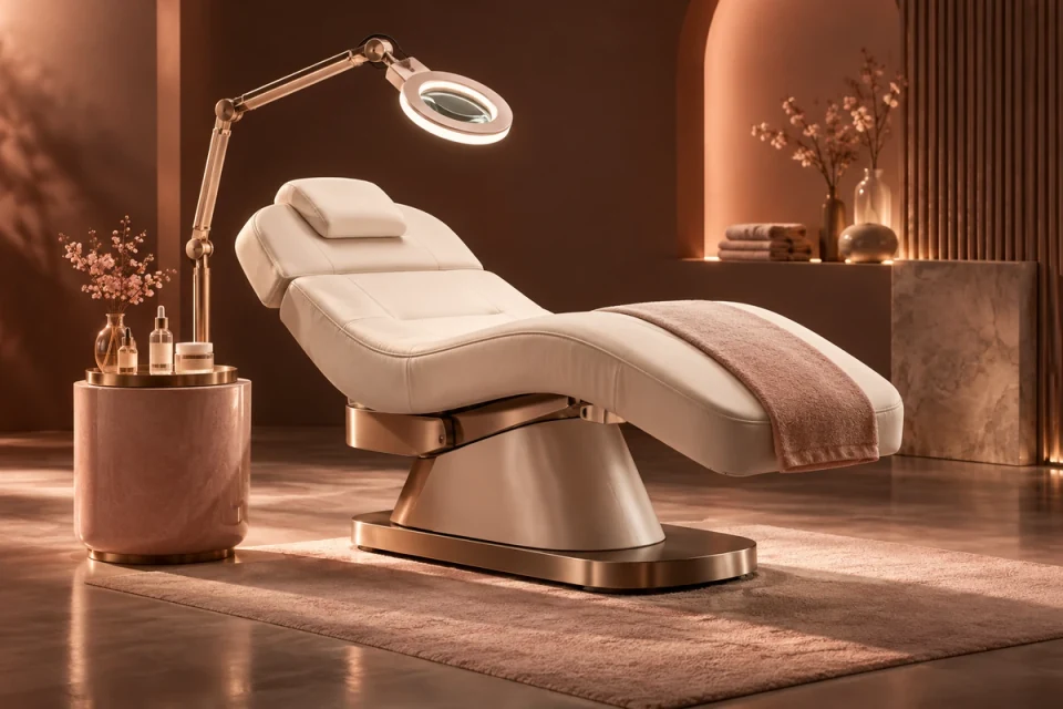 Facial treatment bed and salon lamp