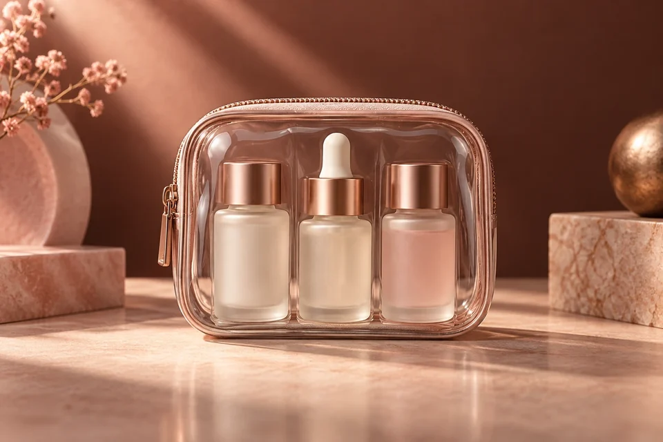 Miniature skincare bottles in a travel pouch