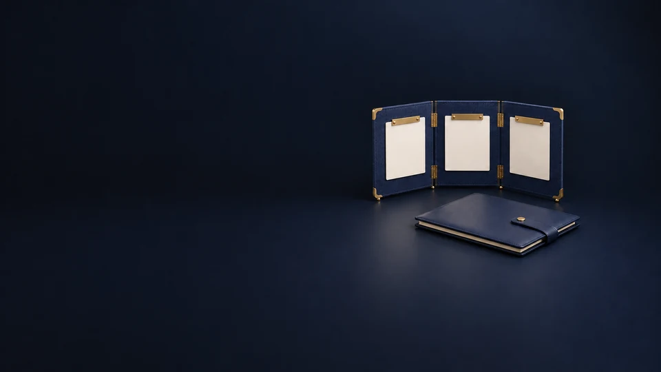 A navy linen folding workshop board with blank cards and brass clips beside a closed project folio.