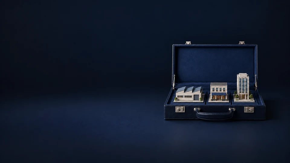 An open navy case holding miniature factory, shop and office buildings.