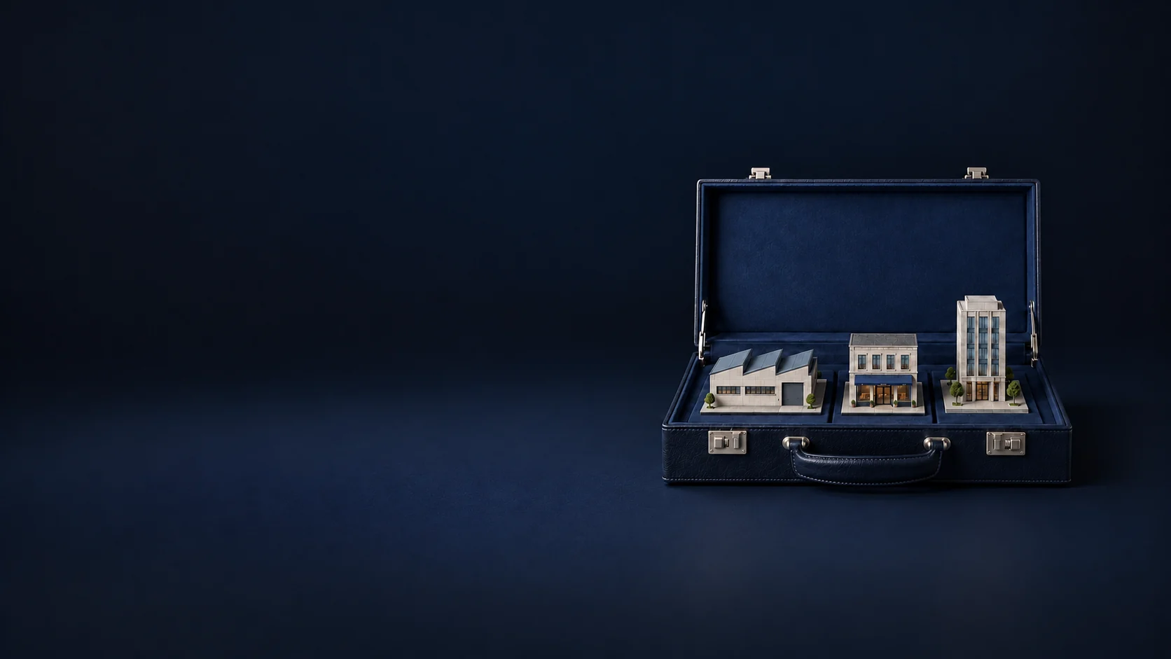 An open navy case holding miniature factory, shop and office buildings.