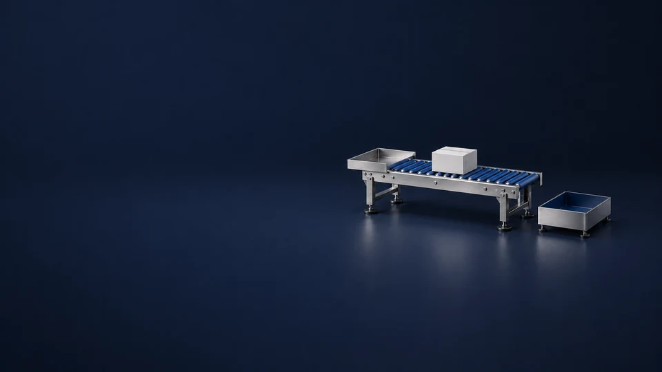 A compact blue roller conveyor with a plain carton, input tray and separate output tray.