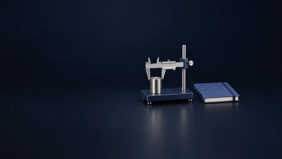 A compact unmarked caliper on an inspection stand with a metal sample and closed blue notebook.
