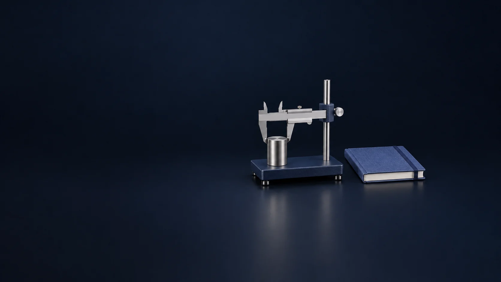 A compact unmarked caliper on an inspection stand with a metal sample and closed blue notebook.