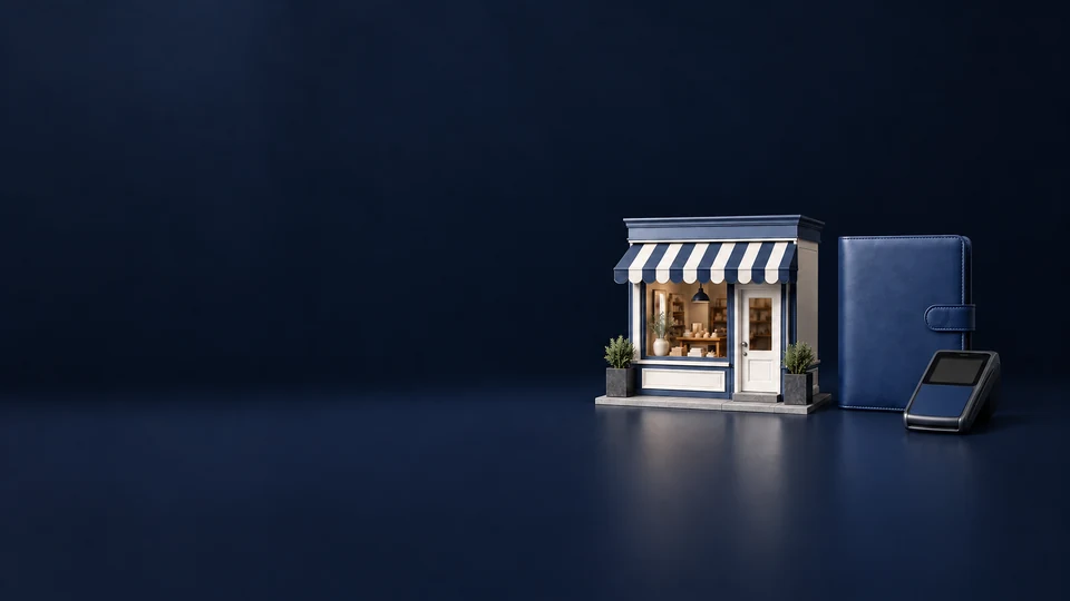 A miniature storefront with a navy striped awning beside a blue folio and an unmarked card terminal.