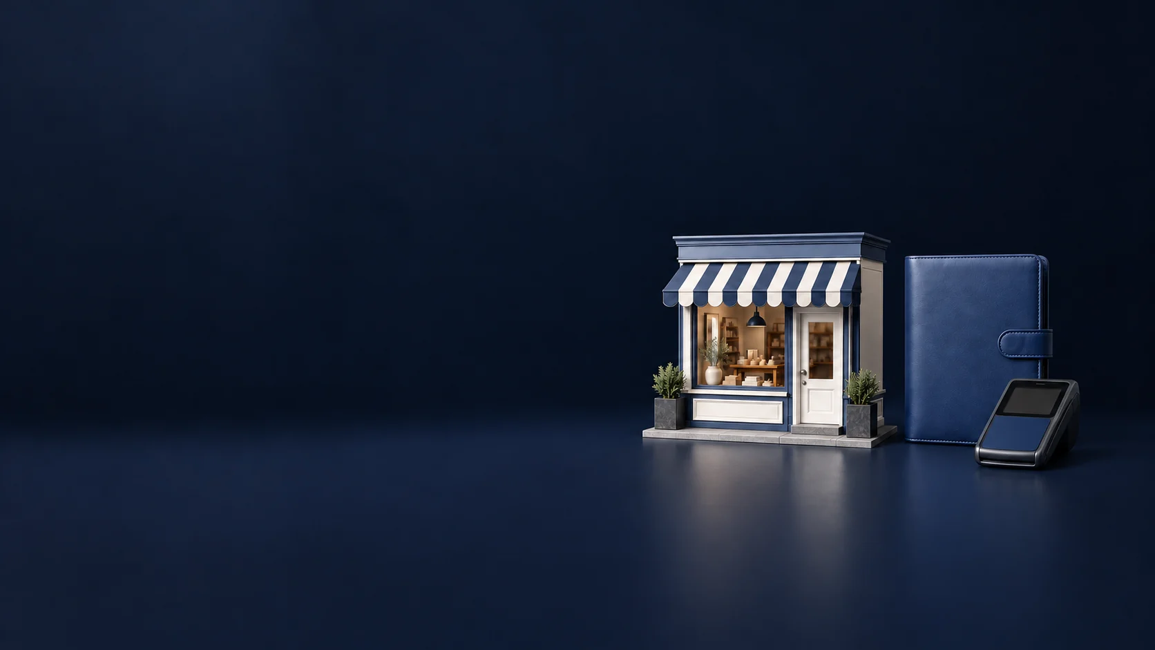 A miniature storefront with a navy striped awning beside a blue folio and an unmarked card terminal.