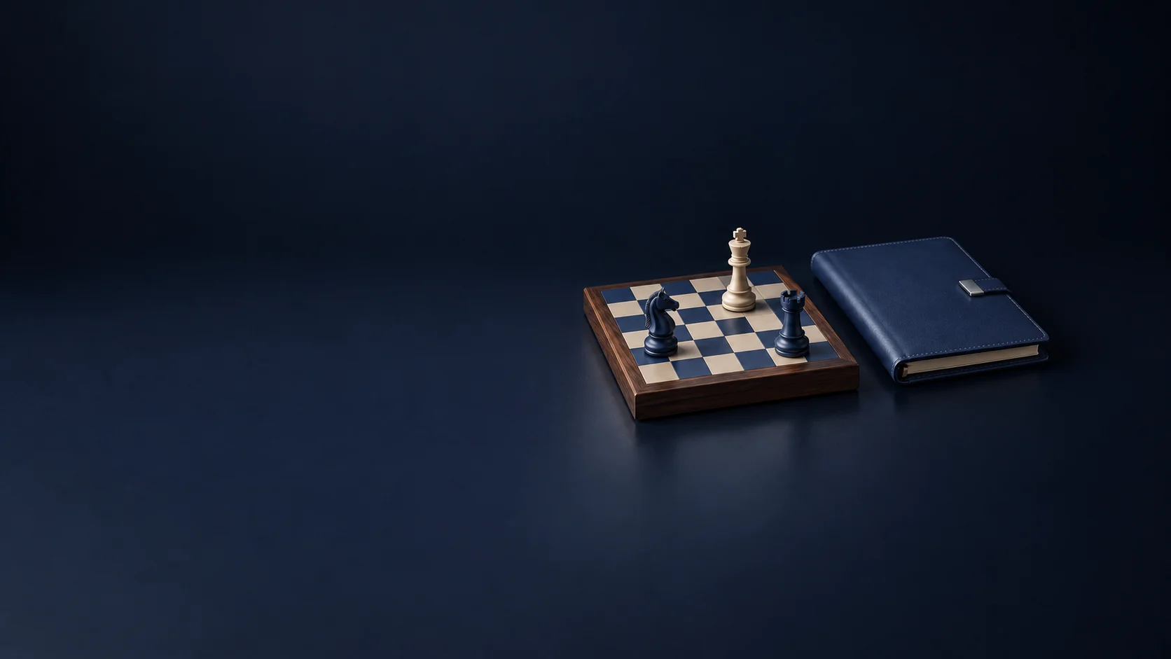 A navy and walnut chessboard with a knight, rook and king beside a closed blue decision folio.