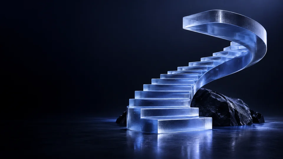 Translucent blue staircase curving upward beside dark stone.
