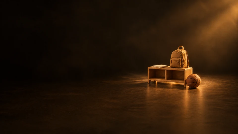 An oak cubby bench with a closed backpack, notebook and basketball.