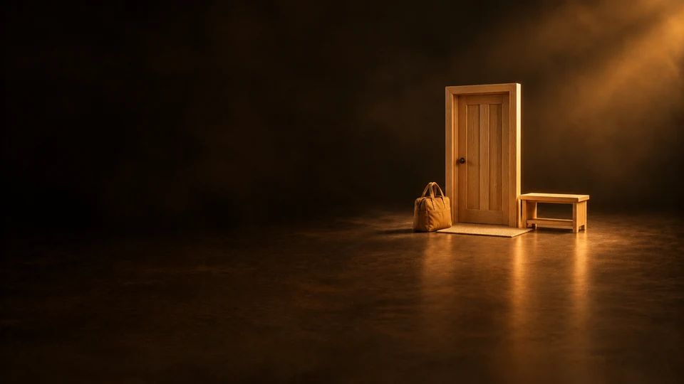 A small freestanding wooden door model beside a caregiver tote and an empty bench.