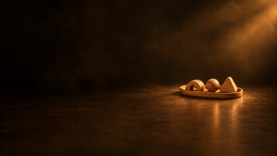 Three rounded wooden play forms arranged on a shallow oval tray.
