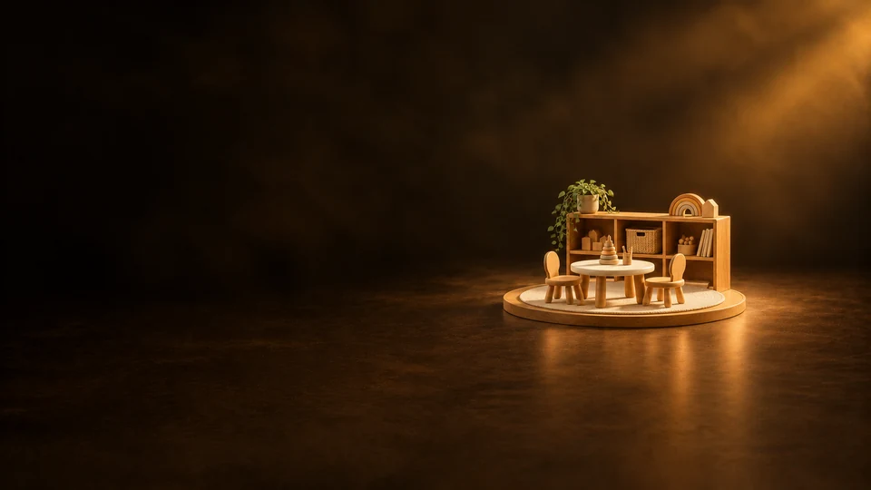A miniature daycare setting with low cubbies, a round table, two small chairs and play materials.