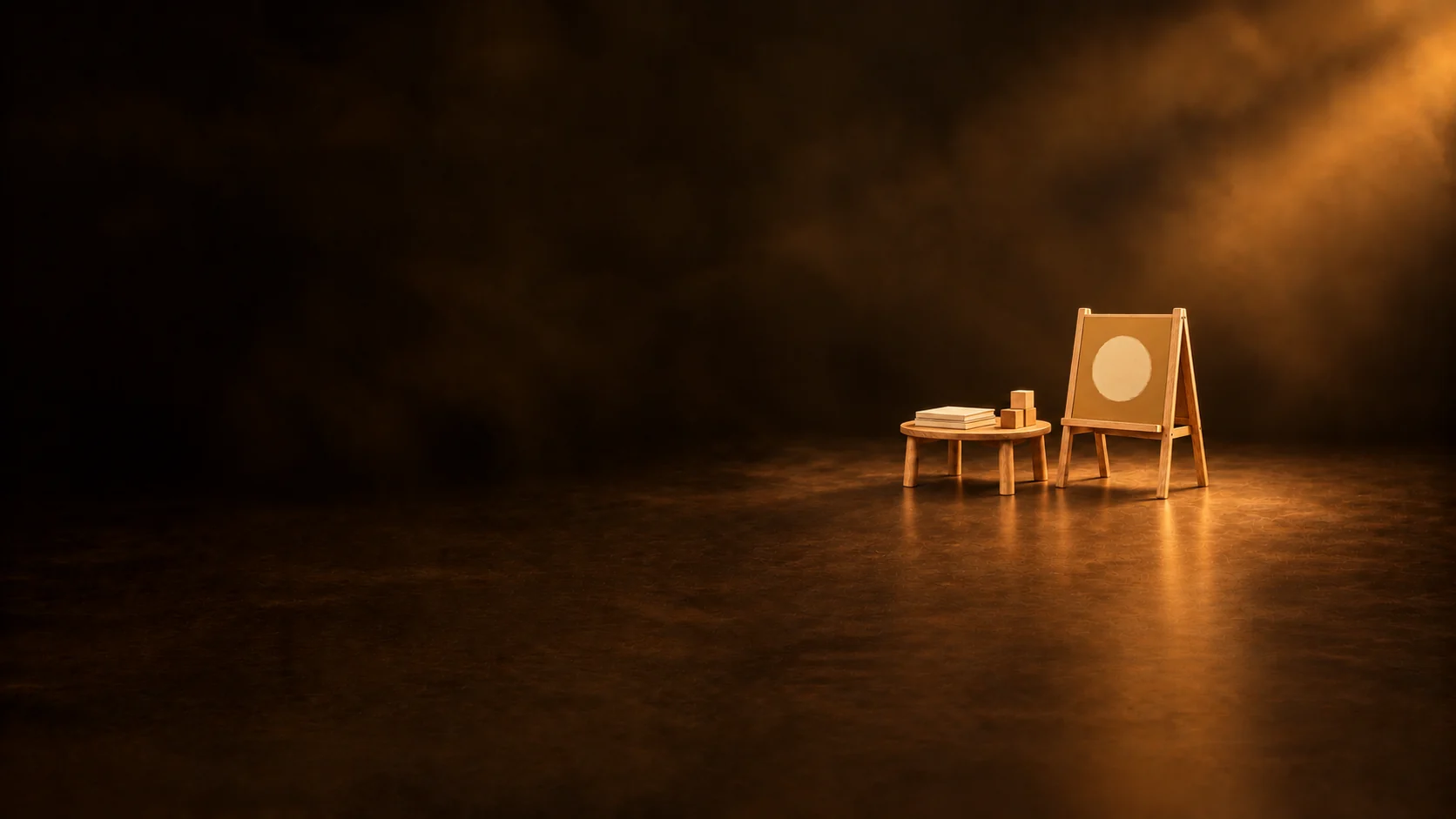 A small easel beside a low table with blank books and wooden blocks.