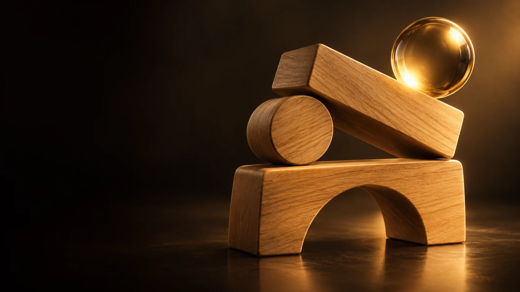 Honey-colored wooden geometric blocks with an amber glass sphere on a dark surface.