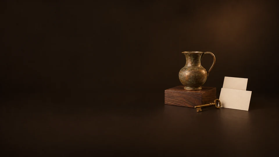A patinated bronze pitcher on a walnut block beside a brass key and two blank ivory cards.