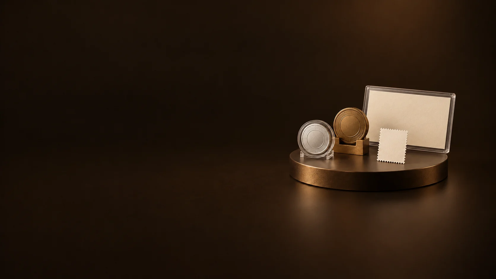 Two plain metal coins, a blank perforated stamp and a blank paper slip in a clear holder on a bronze display base.