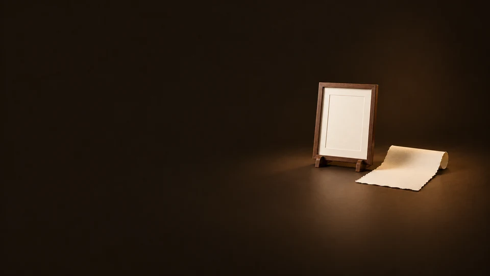 A blank ivory sheet in a walnut frame beside a partly rolled sheet of deckle-edge paper.