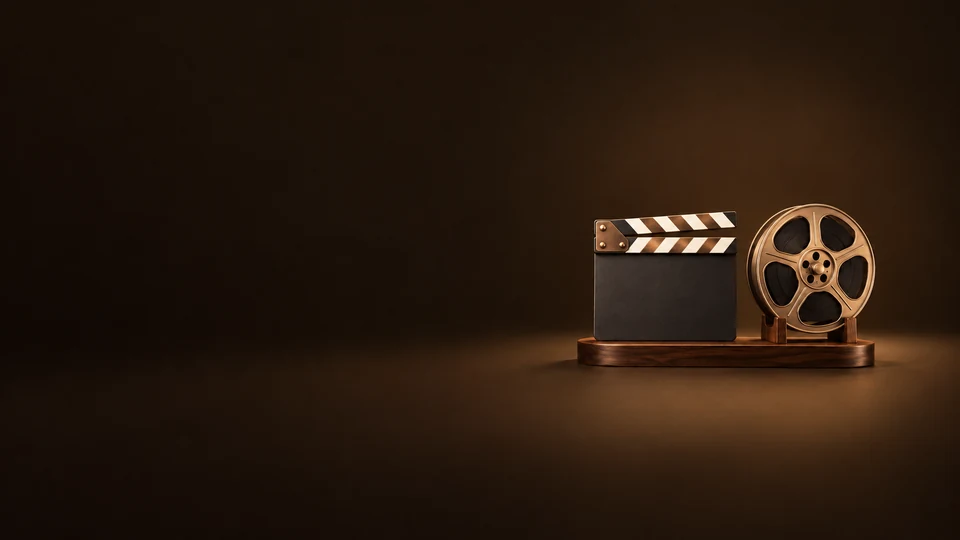 An unmarked clapperboard and bronze film reel on a walnut display base.