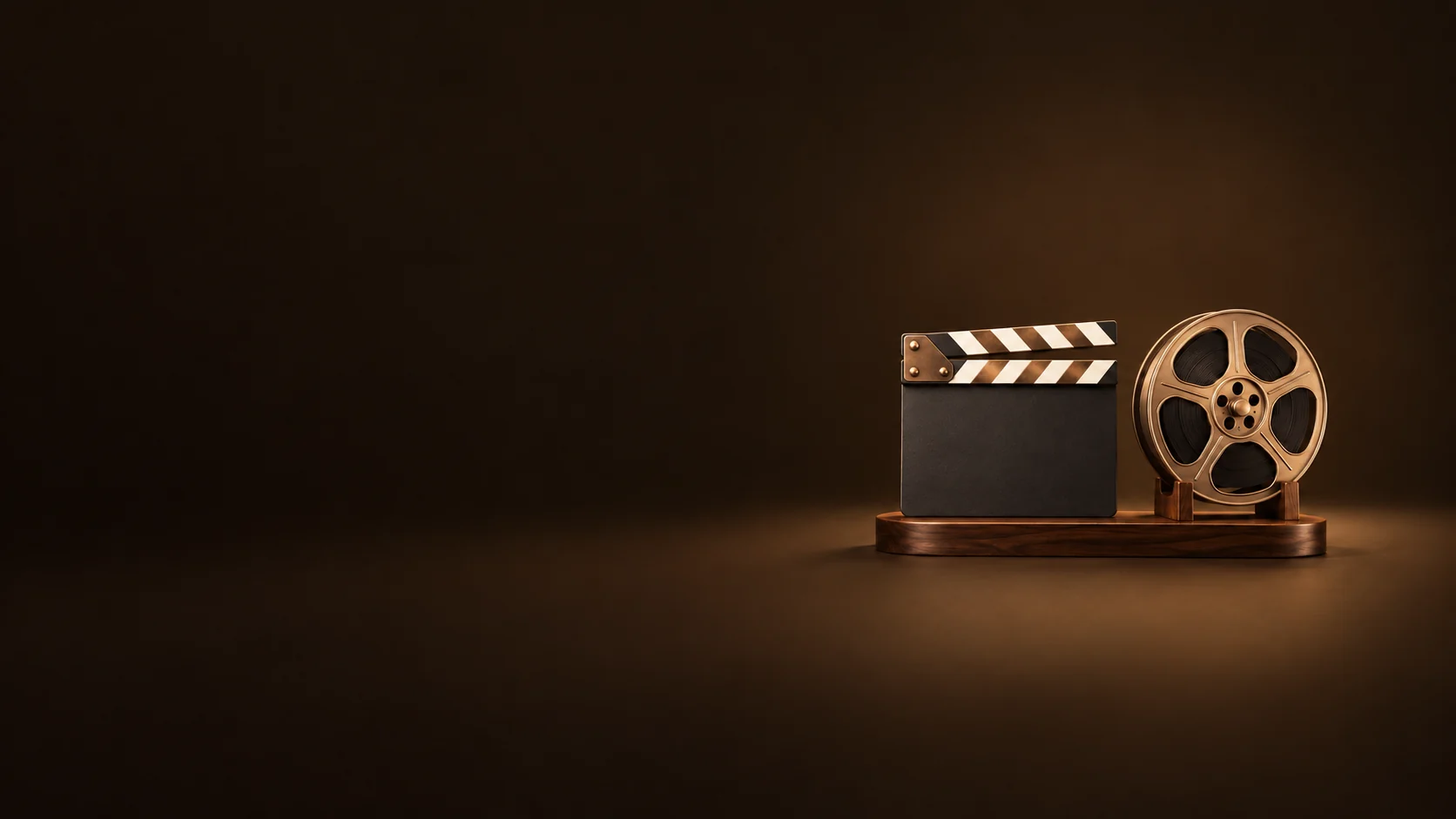 An unmarked clapperboard and bronze film reel on a walnut display base.