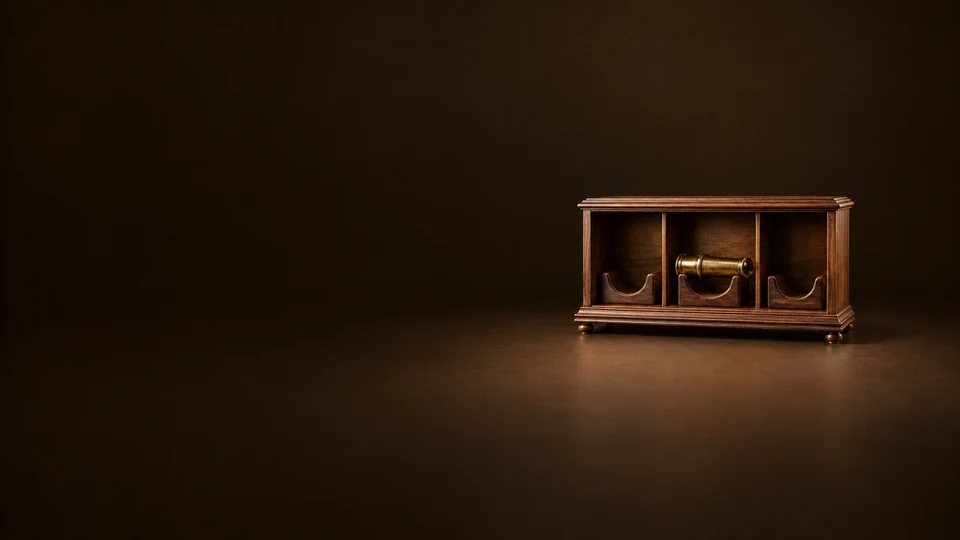 A small brass telescope in the center bay of a walnut collector cabinet with two empty bays.