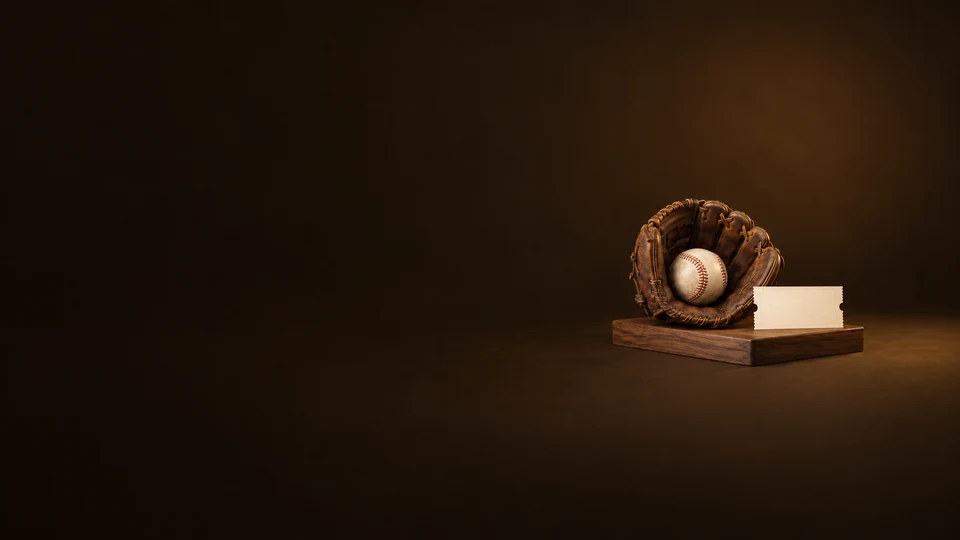 A worn leather baseball glove holding an unsigned baseball beside a blank ticket on a walnut plinth.