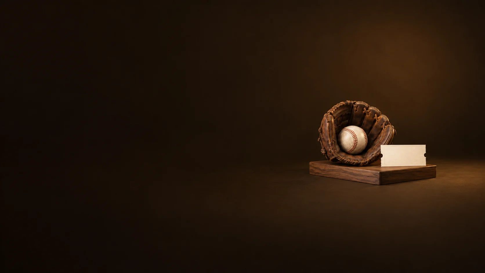 A worn leather baseball glove holding an unsigned baseball beside a blank ticket on a walnut plinth.